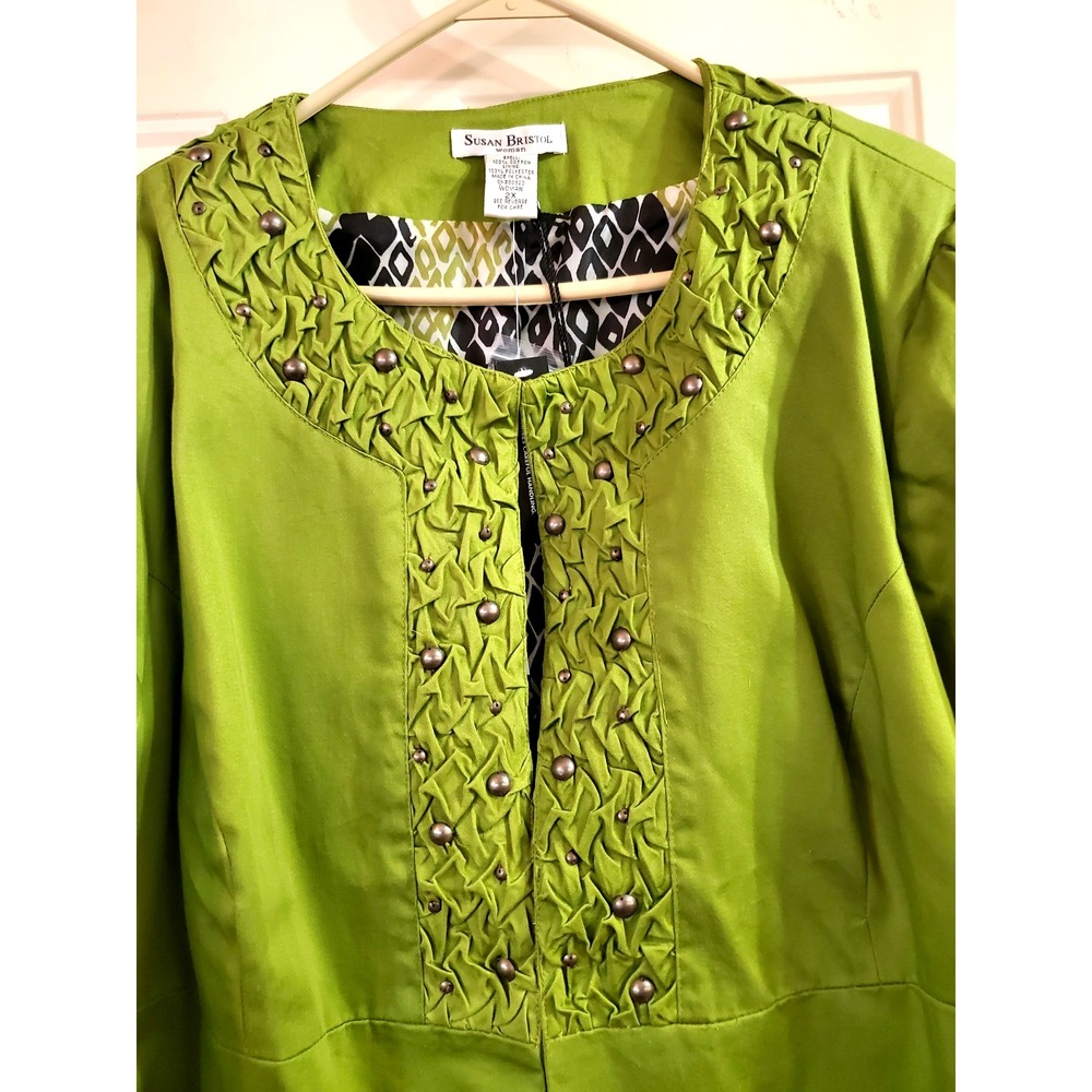 NWT SUSAN BRISTOL Pea Green Hook Eye Neck Band w/Studs Jacket Size 2XL - Picture 2 of 9